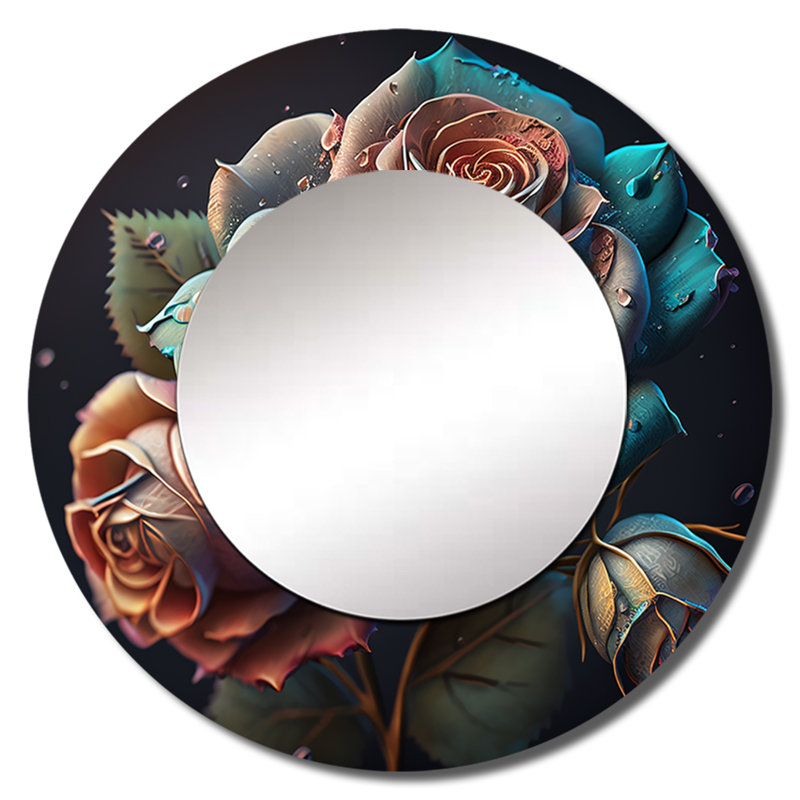 «Pouyan Multicolor Hyperrealistic Roses» - miroir décoratif rose, miroir mural rond bleu, impression d'art en métal