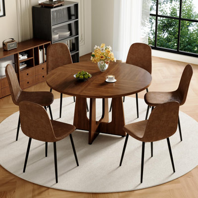 47" Dining Table Set, Wood Kitchen Table With Pedestal Base And Suede Dining Chairs