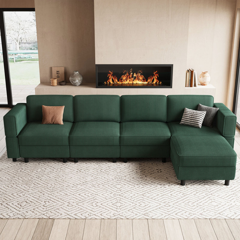 Upholstered Modular Sofa Sectional With Ottoman, Green Corduroy