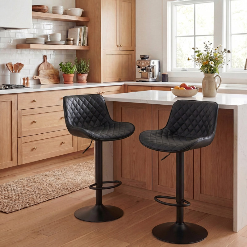 Zager Swivel Upholstered Adjustable Height Bar Stool, Black Faux Leather/Black Frame, 2