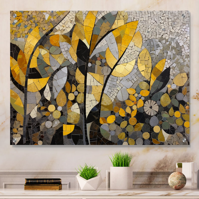 Motifs jaunes et gris en fusion artistique - art mural mosaïque acrylique bohème, H 12 po x l 20 po