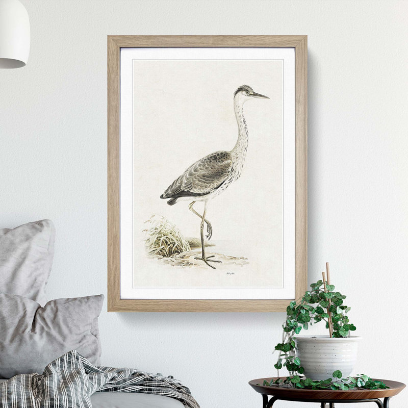 Grey Heron by Von Wright - Picture Frame Painting Print, 48cm H x 36cm W x 2cm D, Oak Framed