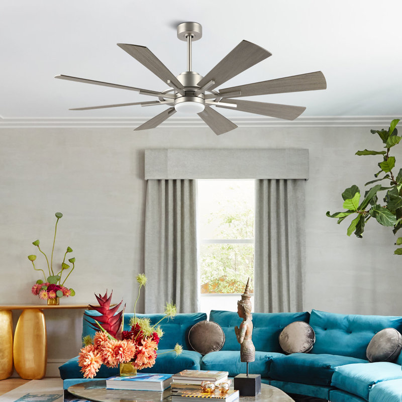 Ventilateur de plafond à courant continu Avgoustinos avec lumière DEL et télécommande, Nickel, H 33,1 po x l 60 po x P 60 po