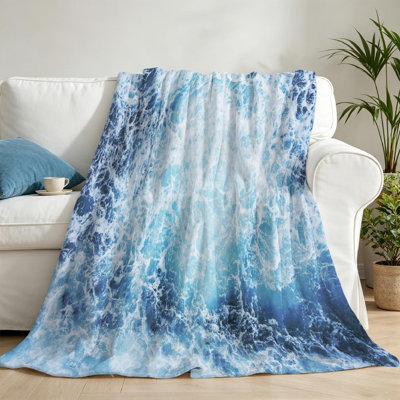 Blue Ultra Soft Flannel Fleece Throw Blanket,Ocean Wave Deep Earth Single-Sided Print