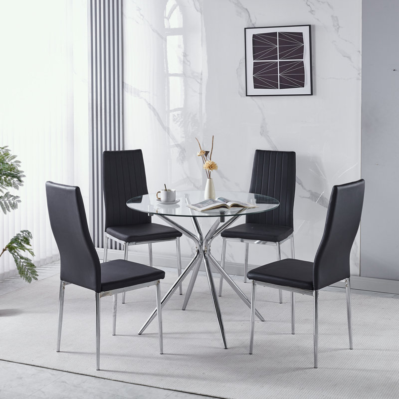Ensemble de salle à manger 5 pièces avec pieds en métal et plateau de table en verre, Noir / argenté