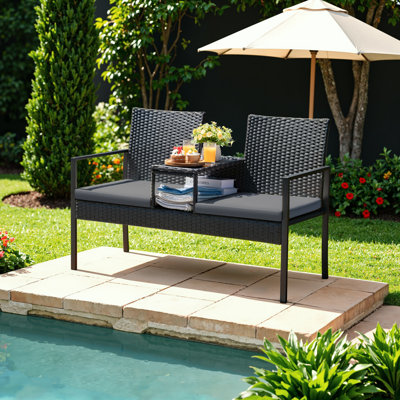 Patio Loveseat Outdoor Wicker Furniture Conversation Set with Soft Cushions & Built-in Coffee Table for Lawn Garden Backyard