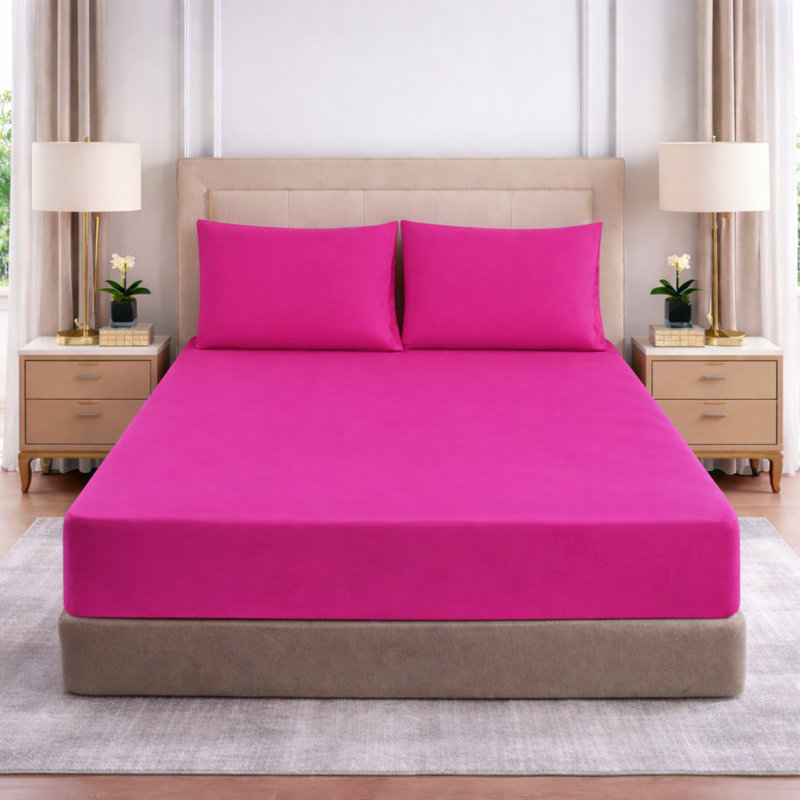 25cm Deep Pocket Fitted Sheet - Soft Microfiber Elasticated Bed Sheet Bottom, Double (4'6), Hot Pink