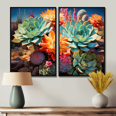 «Green Orange Succulents Desert Blooms II», reproductions d'art multicolores sur toile