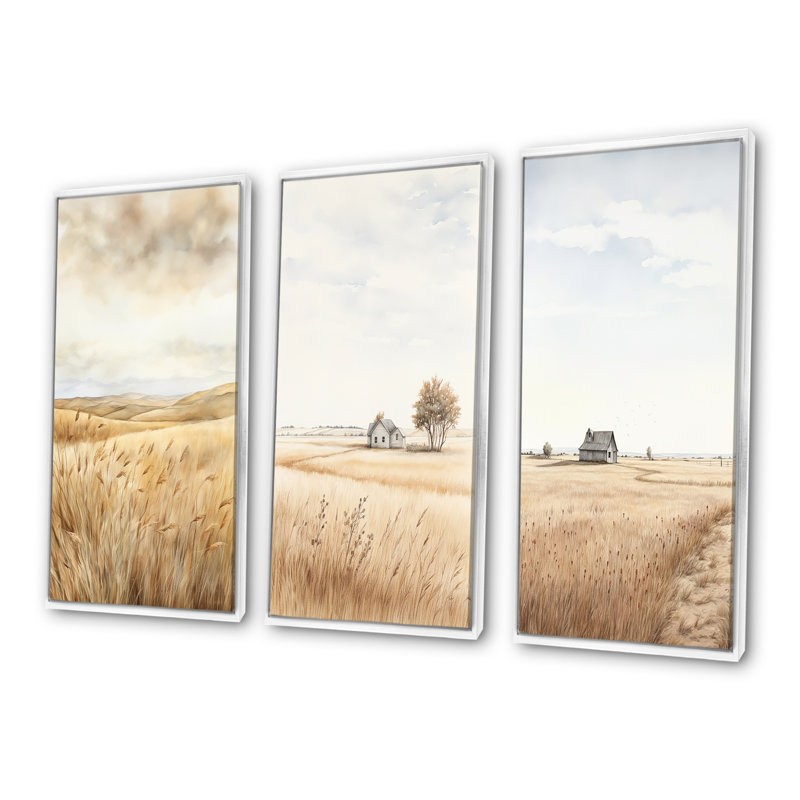 Prairie beauté dévoilée - ensemble de 3 impressions sur toile prairies, Cadre flottant blanc, H 40 po x l 60 po