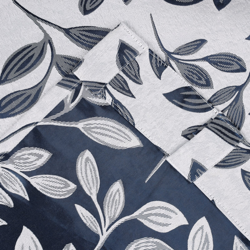  Leaves Pattern Machine Washable 100% Polyester Black Out Curtains with Back Tabs, 52" W x 84" L, White/Navy Blue
