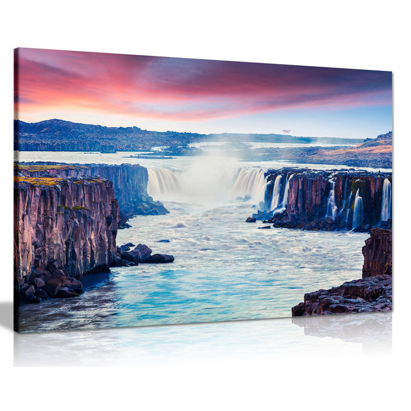 Waterfall Iceland Sunset - Wrapped Canvas Print, 46cm H x 31cm W
