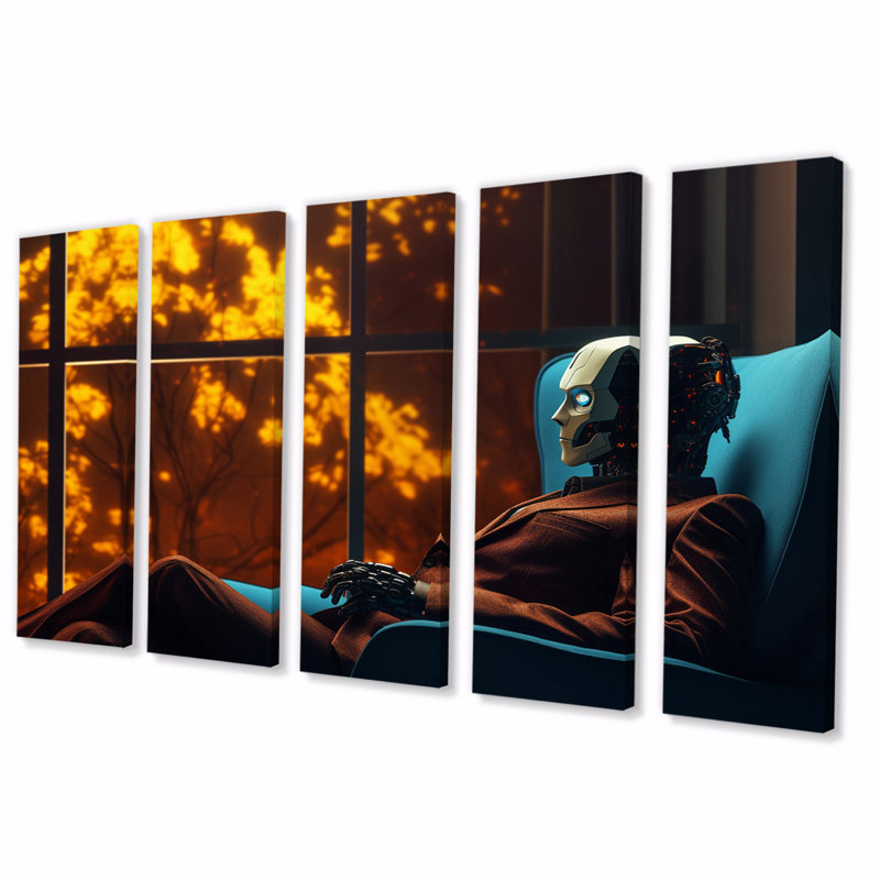Stylish Humanoid Android Sitting On Couch V - Robot Canvas Print - 5 Equal Panels