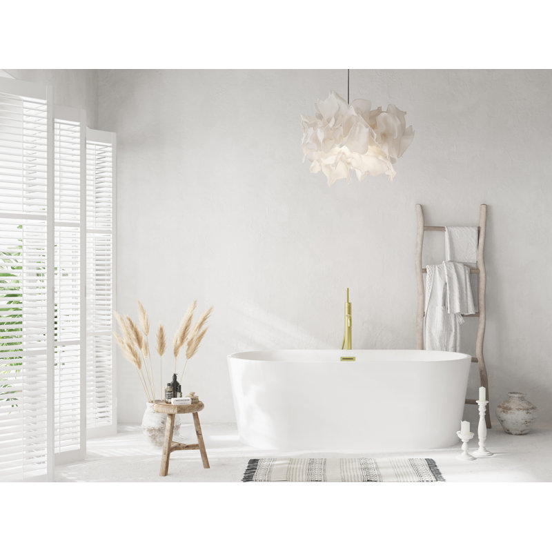 67 Inch Glossy White Acrylic Freestanding Bathtub with Brushed Gold Trim
