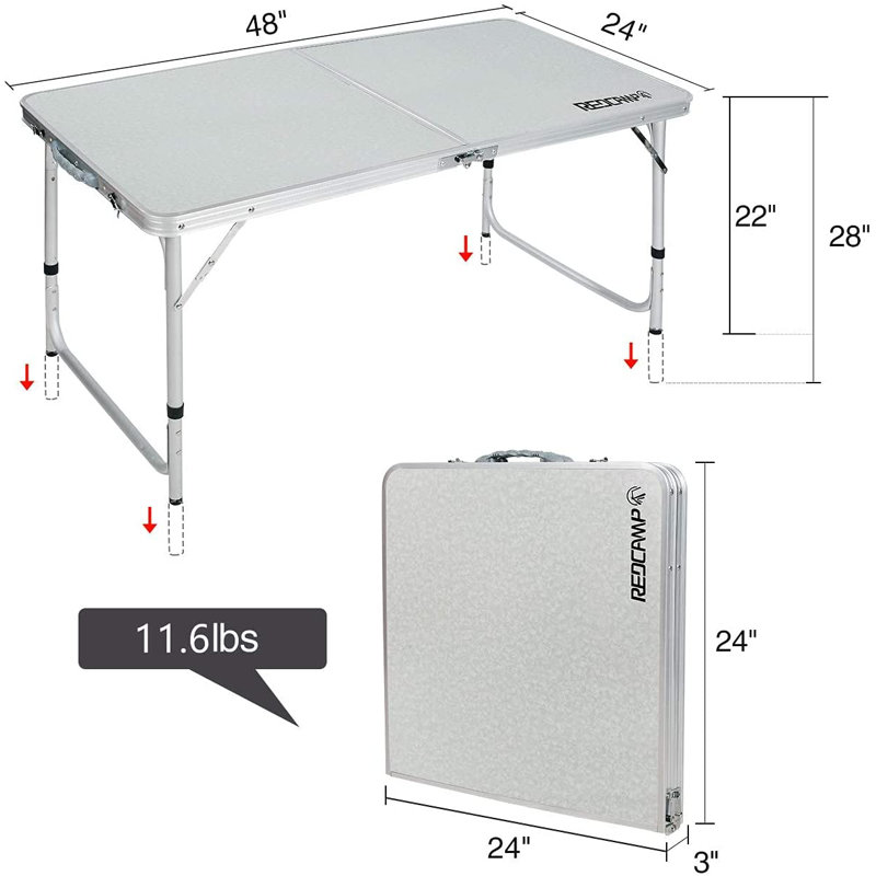 REDCAMP Rectangular Adjustable Folding Outdoor Camping Table, 28'' H x 48'' L x 24'' D