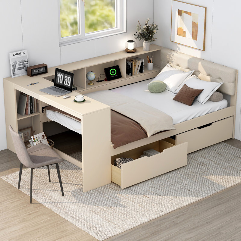 Full Size Wood Platform Bed with Storage Drawers, Shelves, USB Charging Station & Upholstered Headboard, Cream