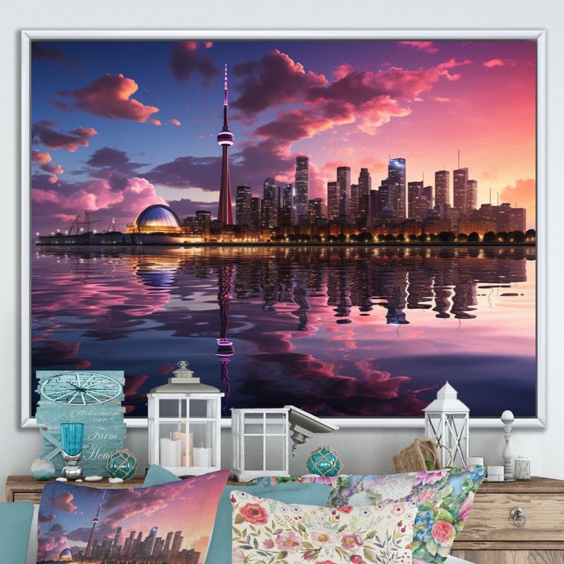 Mauve Toronto par nuit - imprimé, H 16 po x l 32 po x P 1 po, Cadre flottant blanc