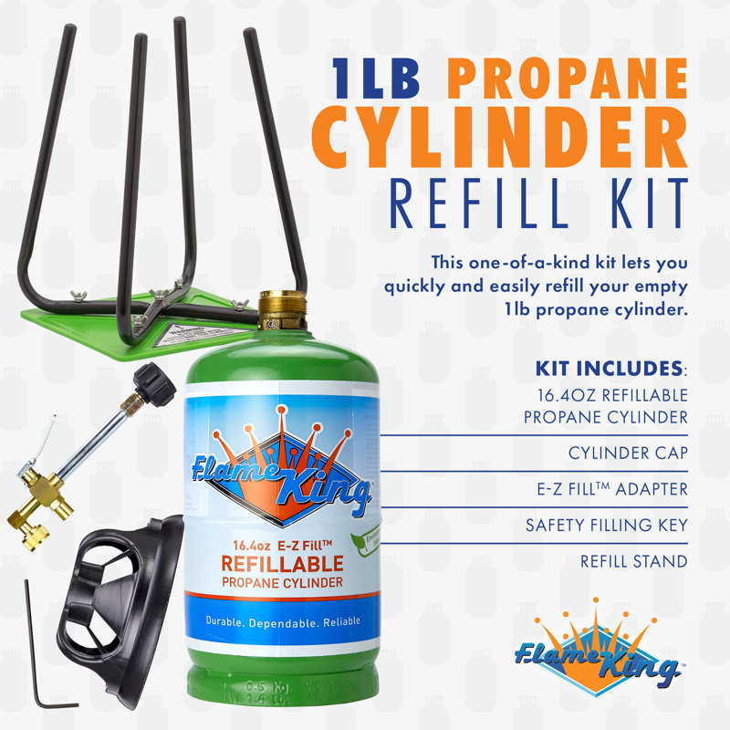 Réservoir de propane vide de 1 lb écologique et remplissable avec ensemble de remplissage Flame King - vert
