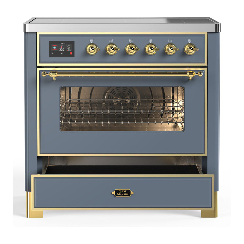 Cuisinière à induction 36 pouces avec 6 éléments à induction en bleu gris (garniture laiton) Majestic III Series, Bleu gris