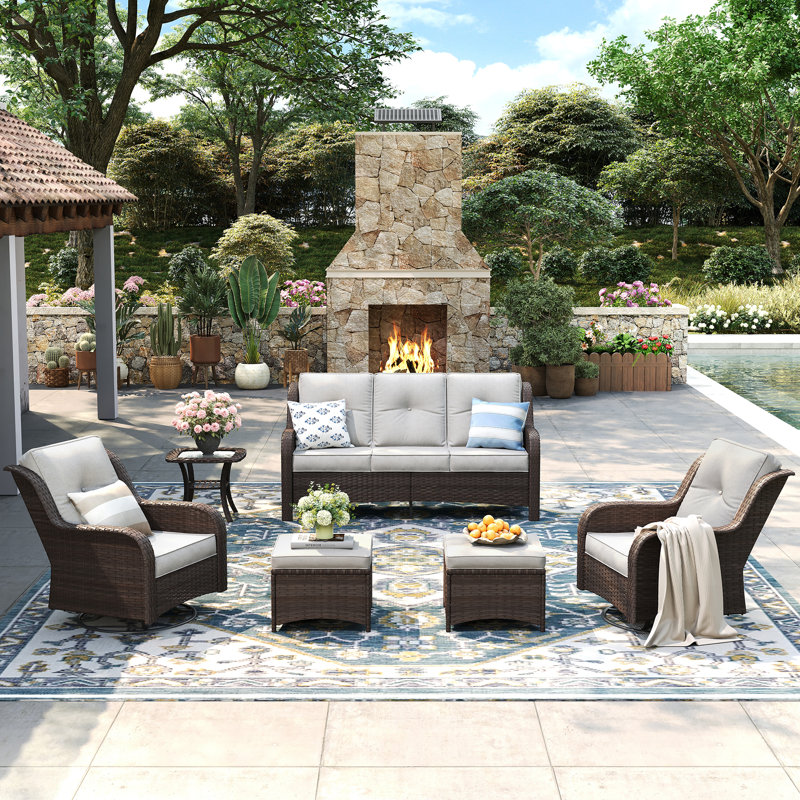 5-Person Patio Wicker Conversation Set with Cushions, 3 Seats Sofas, Swivel Rocker Chairs, Ottomans, Sand/Brown