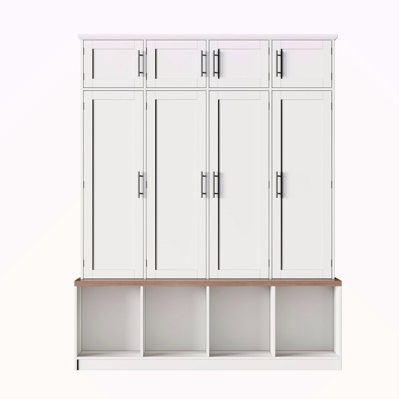 Farmhouse Hall Tree With 4 Hidden Hanging Hooks, Versatile Walnut Seating Bench With 8 Doors, Entryway Shoe Cabinet With Open Compartment For Living Room