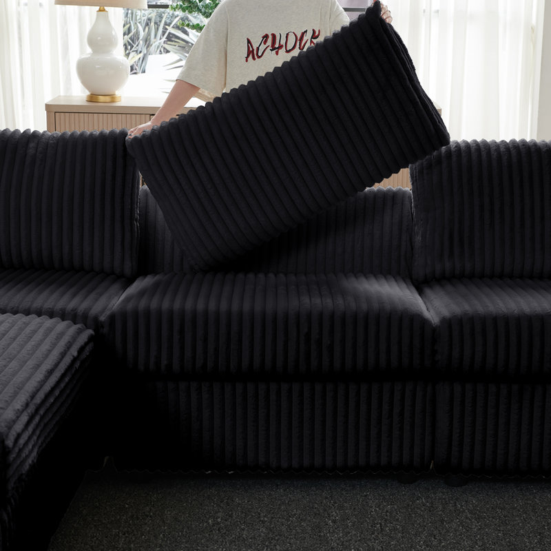 113" Wide Corduroy Convertible Sectional Couches For Living Room With 2 Pillows, Dark Gray Corduroy