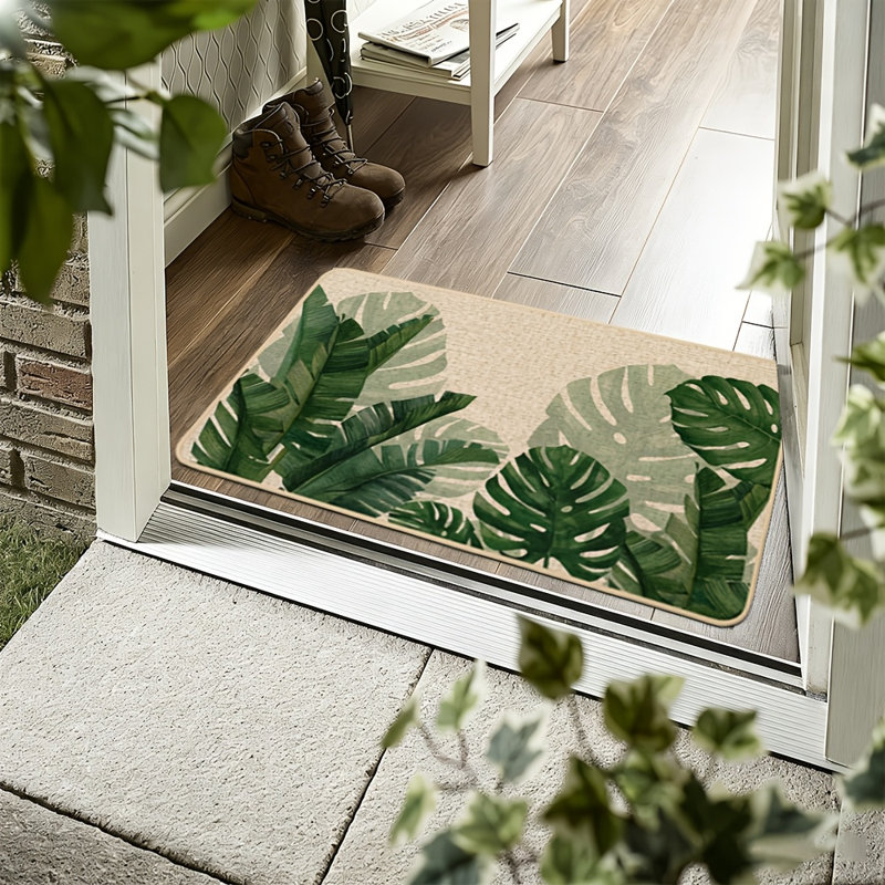 Tapis de porte printanier à motif de feuilles de Monstera et de bananier, tapis d'entrée tropical vert, tapis de bienvenue estival, tapis de porte décoratif extérieur antidérapant en caoutchouc pour la décoration saisonnière du plancher de la cuisine, 43 x 91 cm