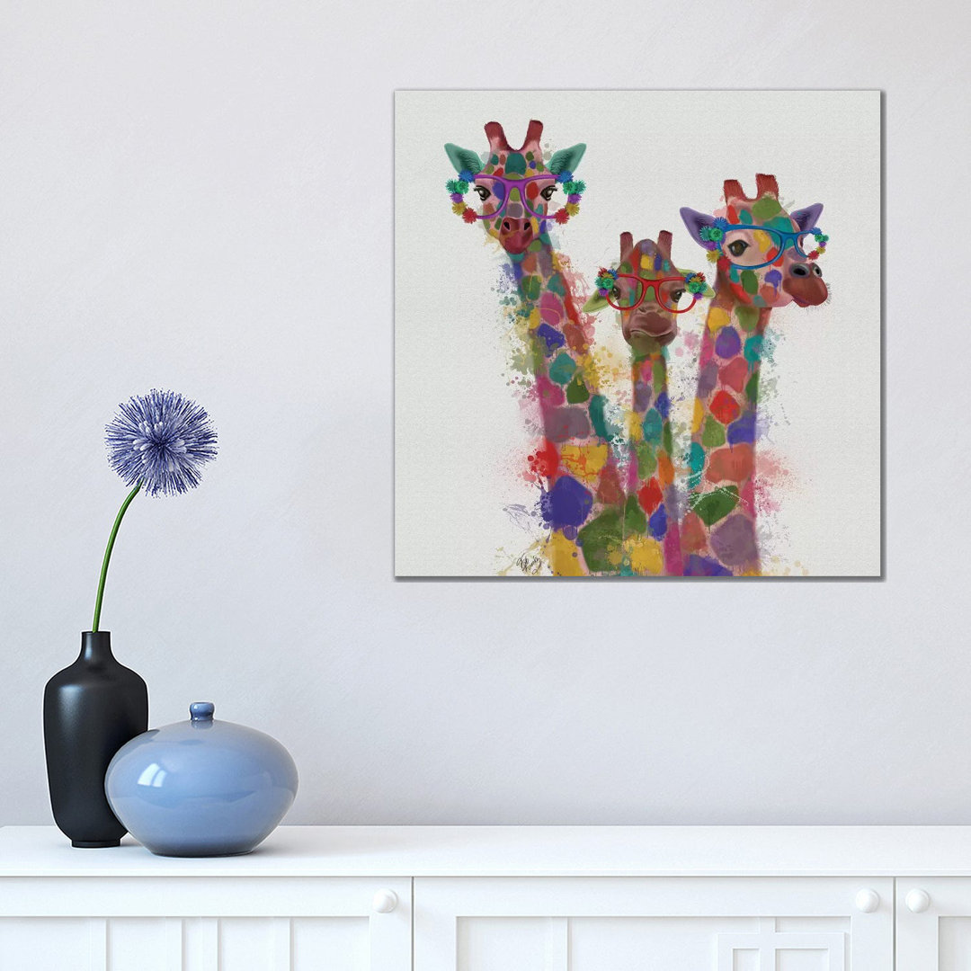 Rainbow Splash Giraffe Trio by Splash Giraffe Trio - Wrapped Canvas Print