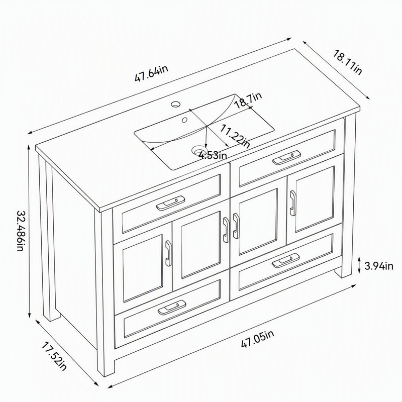 Meuble-lavabo autoportant de 48 pouces avec lavabo en résine, 4 portes à fermeture en douceur et 4 tiroirs