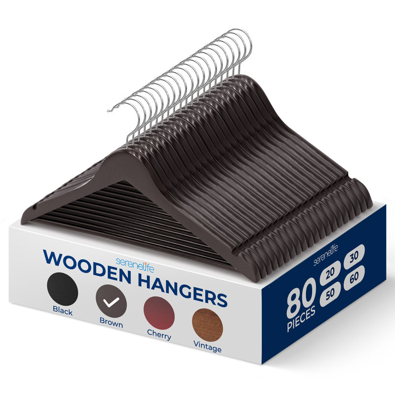 SereneLife 50-Piece Brown Wooden Suit Hangers with Swivel Hooks