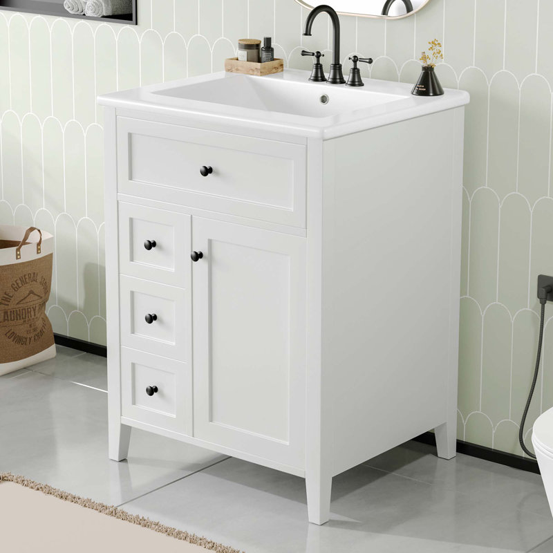 Meuble-lavabo noir 24 po avec lavabo, panneau de fibres à densité moyenne et fabrication en bois d'hévéa, 3 tiroirs et armoire avec tablettes réglables