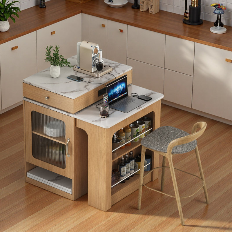 Kitchen Island With Extendable Dining Table, Double-sided Storage, 2 Drawers, Power Outlet And Side Open Shelves, Natural