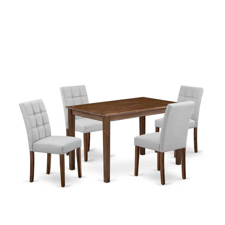 5 Piece Dining Set consists A Modern Table and 4 Light Gray Polyester Fabric Kitchen Chairs, Antique Walnut, Light Gray
