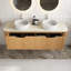 Meuble-lavabo de salle de bain, meuble-lavabo rayé à bords arrondis flottants avec 2 tiroirs, 2 lavabos ronds en céramique et plateau en pierre frittée à motif de travertin, pré-assemblé-1813480787