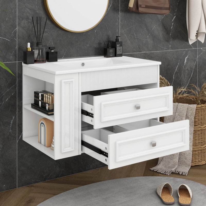 Meuble-lavabo mural 30 po avec lavabo, meuble-lavabo flottant avec 2 tiroirs, système de fermeture en douceur, Blanc