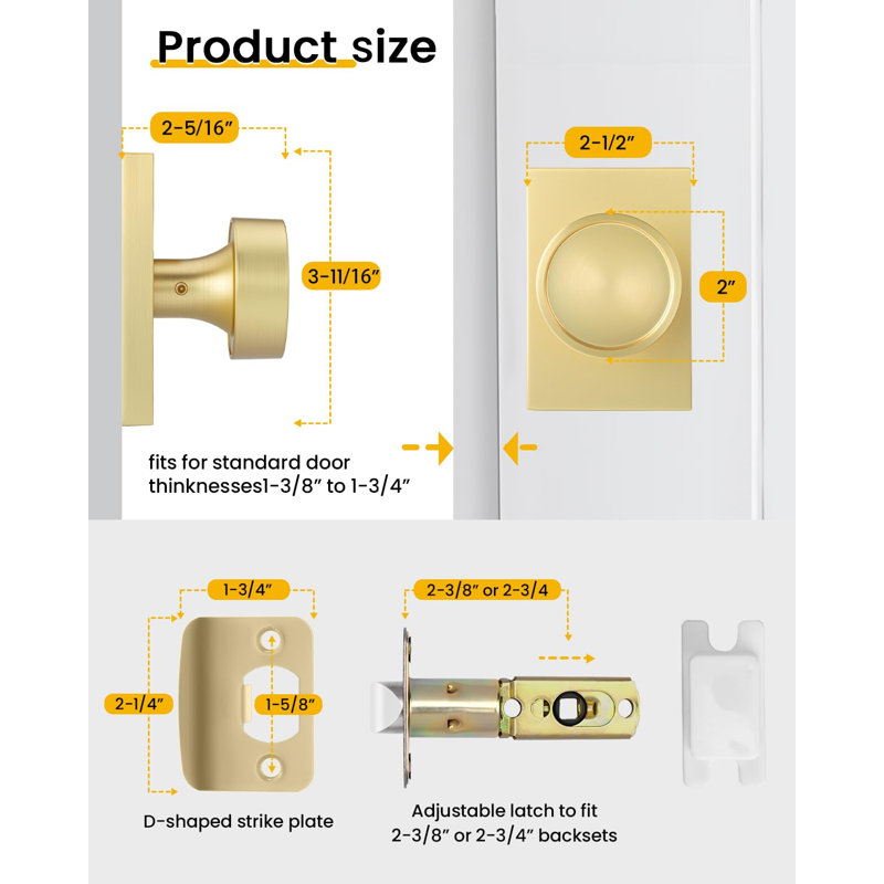 Gold Closet Door Knob Interior, Bruhsed Gold Passage Interior Door Knob, Heavy Duty Zinc Alloy Modern Indoor Brushed Brass DoorKnob for Closet, Hallway, 1 Pack