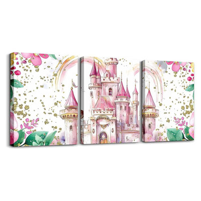 Fariy Castle Picture Wall Decor Castle 3 PCS Wall Painting Kids Princess Decor Canvas Wall Art For Living Room Bedroom Dreamy House Bathroom Wall Art 12X16 Inch 3 Piece