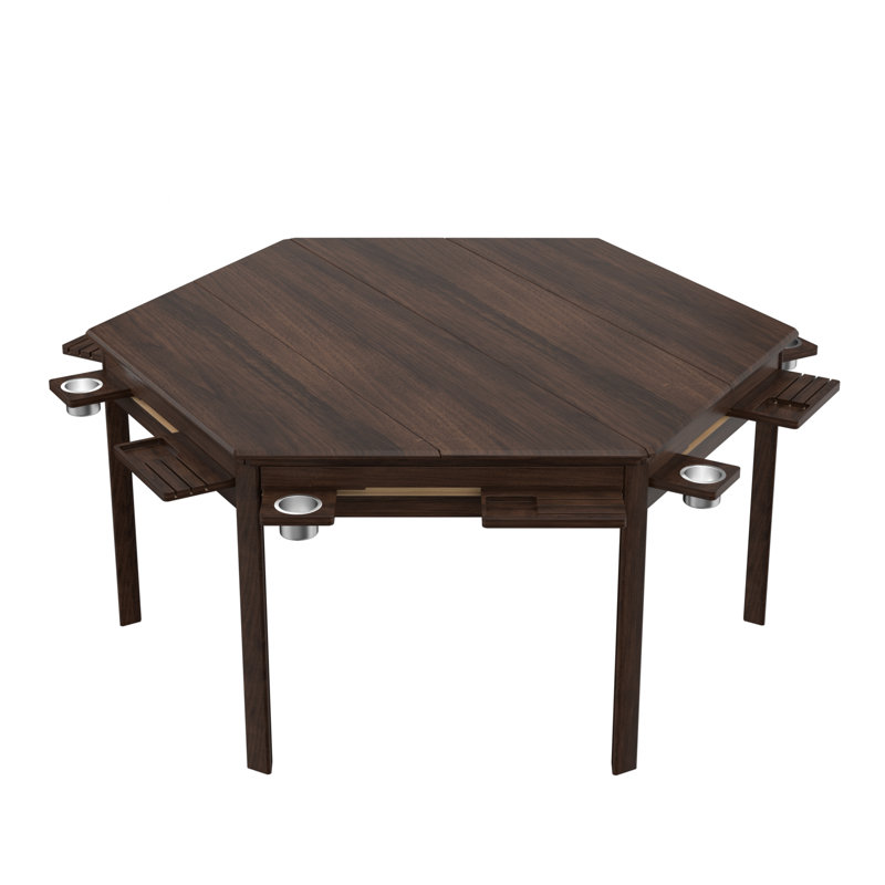 Table de jeu hexagonale en bois massif pour 4 à 6 personnes avec plateau amovible, tapis de jeu, 6 porte-gobelets et plateau pour passe-temps