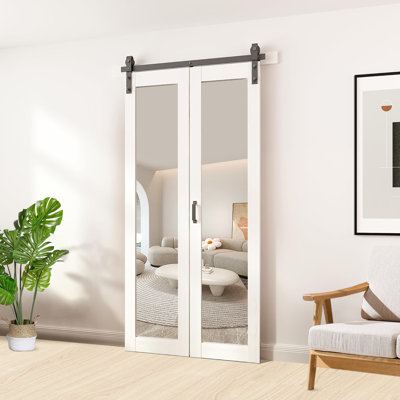 1-Lite Manufactured Wood And Mirrored Glass Panelled Bi-Fold Barn Doors With Installation Hardware Kit
