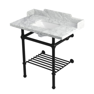 Kingston Brass Pemberton 36-Inch Carrara Marble Console Sink with Brass Legs and Shelf (8-Inch, 3-Hole)