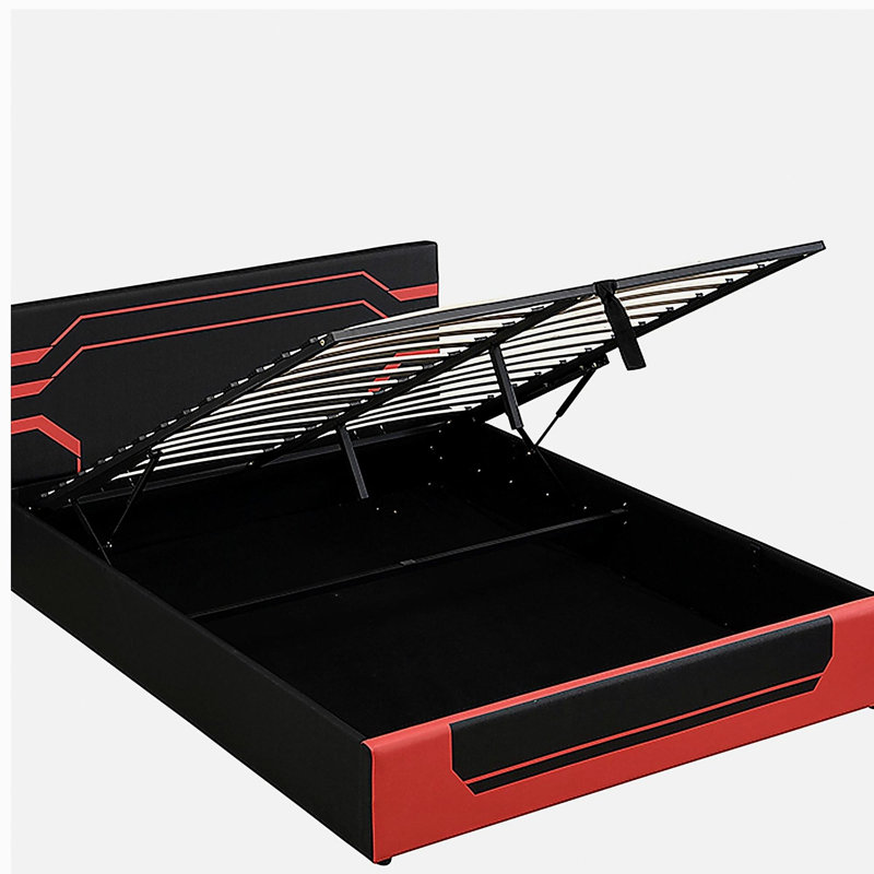 Structure de lit de jeu hydraulique moderne avec grand lit, design Esports avec esthétique Cyberpunk, lit plateforme pour les joueurs et les jeunes de la génération Z, noir et rouge