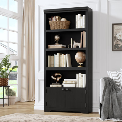  Bibliothèque à 5 niveaux et l 31,5 po - Bibliothèque de 69 po de hauteur avec 2 portes et tablettes réglables - Support de rangement ouvert avec design antidérapant pour bureau à domicile, balcon, bureau, noir
