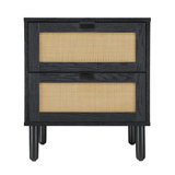 Sango Orre 2-Drawer Solid Wood Nightstand, With Rattan, Cylicndrical Wooden Legs
