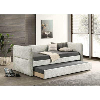 Grey Finish Daybed, Built - In Pull Out Trundle, Modern Design, Button Nailhead Trim, Wood For Living Room Daybed With Style, Strong Solid Wood, Ideal Guest