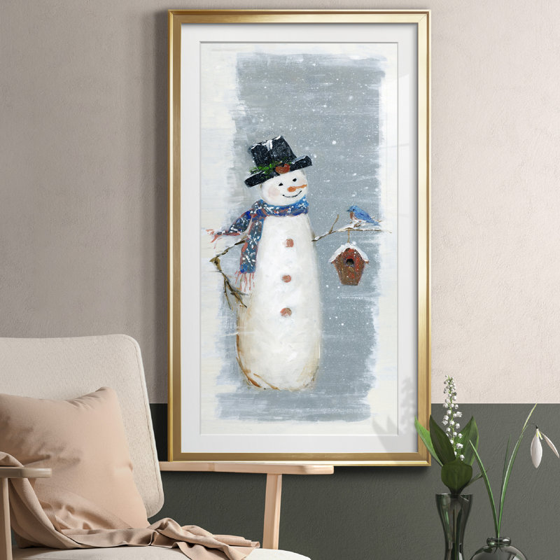 " Primitive Snowman I ", 24" H x 12" W x 1" D, Gold Framed