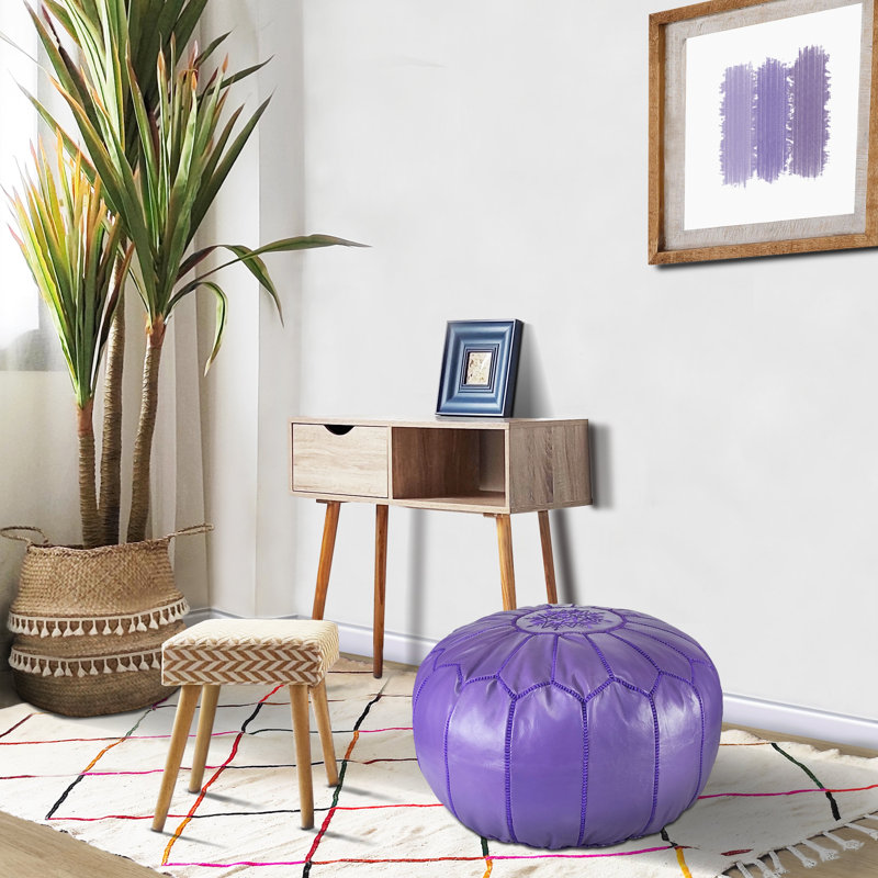 Leather Pouf, Purple Genuine Leather