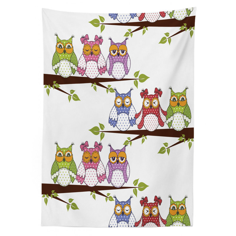 Owls Tablecloth, Owls On The Tree Branches Sitting In Horizontal Line Friendship Event Themed Artwork, Rectangular Table Cover For Dining Room Kitchen Decor, 52" X 70", Multicolor