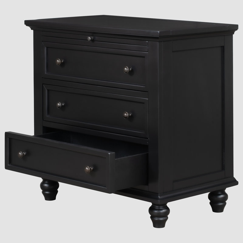 3-Drawer Storage Wood Cabinet, End Table with Pull out Tray, Black