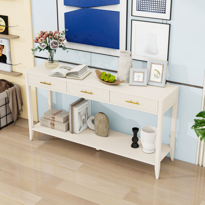 Console élégante avec 3 tiroirs, façade ondulée et tablette de rangement ouverte, Beige