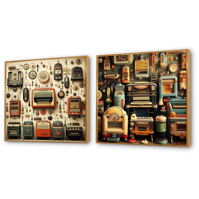 Nostalgic Jukebox Tunes IV - Jukeboxes, ensemble de 2 impressions sur toile, Encadrement doré, H 36 po x l 73 po x P 1,5 po