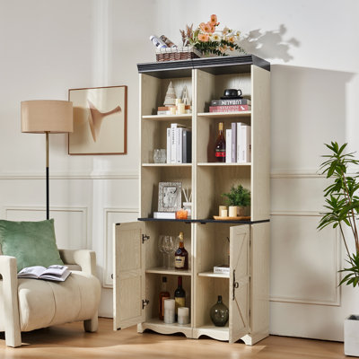 31.56" Farmhouse Tall Storage Cabinet with Adjustable Shelves, 3D Wood Grain Finish MDF Bookcase with Closed Barn Door, 1 Piece